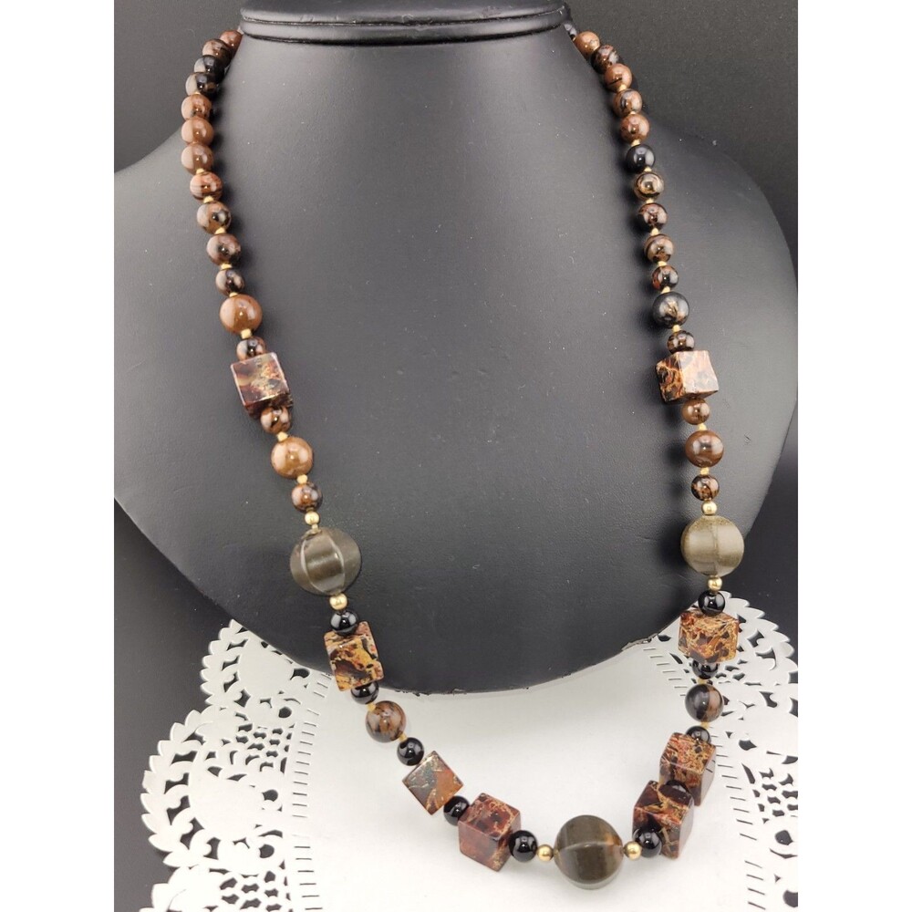 Vintage Southwest Hand Knotted Red Brown Jasper Hematite Stone Bead 25" Necklace
